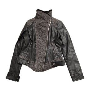 Guess Womens M Black & Tweed Faux Leather Jacket With Zipper & Button Accents